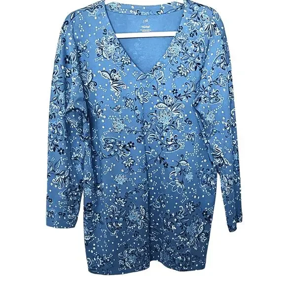 J. HILL SUPIMA V-NECK TUNIC, WOMENS, M, BLUE W/PAISLEY WHITE & BLACK FLOWERS - Picture 1 of 10